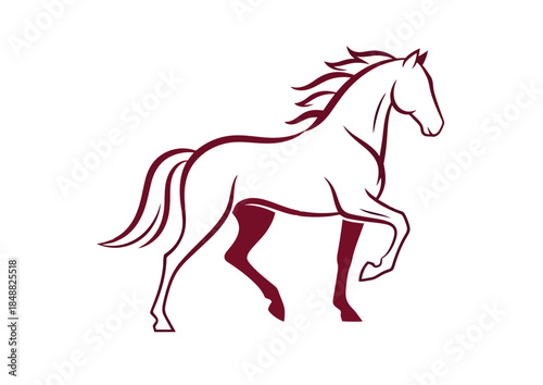 A stylized, minimalist line drawing of a horse in motion, depicted in a single color.