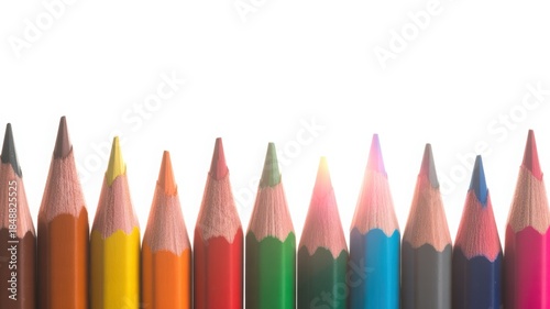 Row of Sharpened Colored Pencils Lined Up Against White Background Keywords: colored pencils, art supplies, drawing