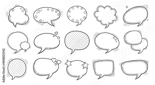 Set of fifteen hand-drawn speech and thought bubbles in a black and white sketch style, with various textures like hatching and stippling.