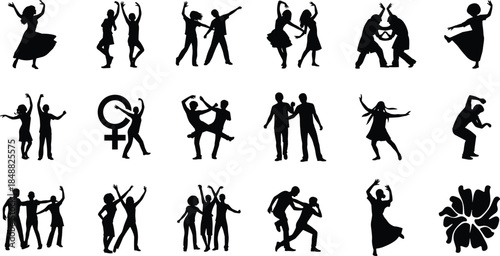 Dancing people silhouettes collection, joyful movement and celebration concept illustration, freedom, rhythm, music, social connection, party energy, expressive poses and cultural dance artwork