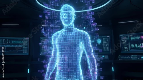 Futuristic digital human hologram composed of glowing blue cubes advanced technology lab with multiple data screens displaying innovative science