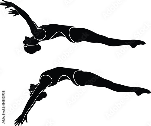 Black silhouette swimmers in synchronized horizontal dive pose with swim caps and goggles, perfect for sports, fitness, and aquatic themes.