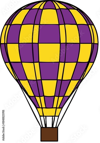 WebVibrant purple and yellow checkered hot air balloon illustration isolated against a stark black background