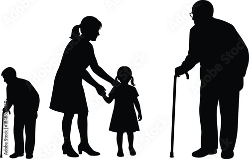Family generations silhouette with child, mother and elderly people, care and support concept illustration, parenting, aging, guidance, love, responsibility and multigenerational family relationship
