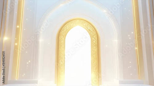 神聖な光に包まれた黄金の門と階段 パンアップ