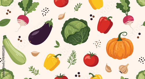 Seamless pattern of fresh garden vegetables like cabbage, pumpkin, tomato, and eggplant on a light background, perfect for healthy food branding.