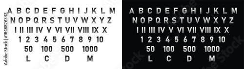 Alphabet Letter A-Z, Math Numbers and Roman Numerals Set for Kit and Educations Vector Illustration.
