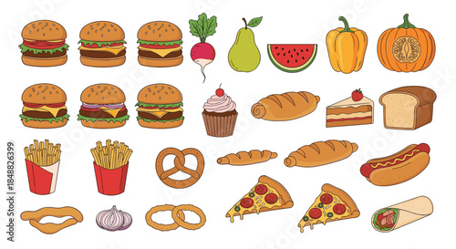 Large collection of colorful, hand-drawn fast food, bakery items, and healthy foods, including burgers, pizza, bread, fruits, and vegetables.