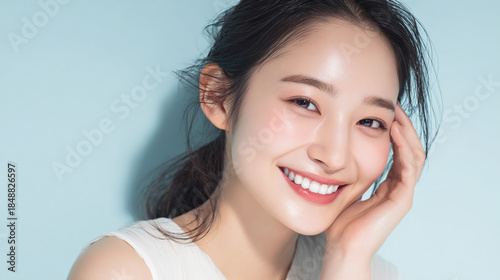 笑顔できらめく綺麗な肌と白い歯を見せる日本人女性美人モデルの接写写真。オーラルケア、スキンケア、コスメ広告用。