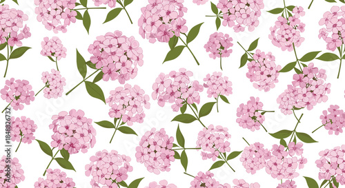 Seamless floral pattern of beautiful pink phlox or hydrangea flowers with green leaves scattered on a white background, perfect for spring textiles.