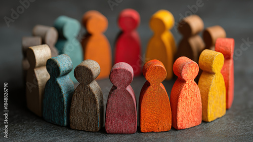 Teamwork and inclusion shown by colorful wooden figures arranged in a circle