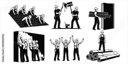 Construction workers in silhouette performing various tasks like laying tiles painting and carrying materials