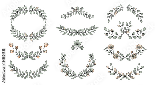 Set of beautiful hand-drawn floral wreaths and laurels in various shapes, decorated with leaves and flowers for elegant, rustic, and vintage designs.