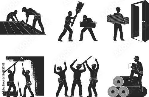 Construction Workers Silhouettes Engaged in Roofing and Painting Tasks Keywords: construction, worker, builder, silhouette, man