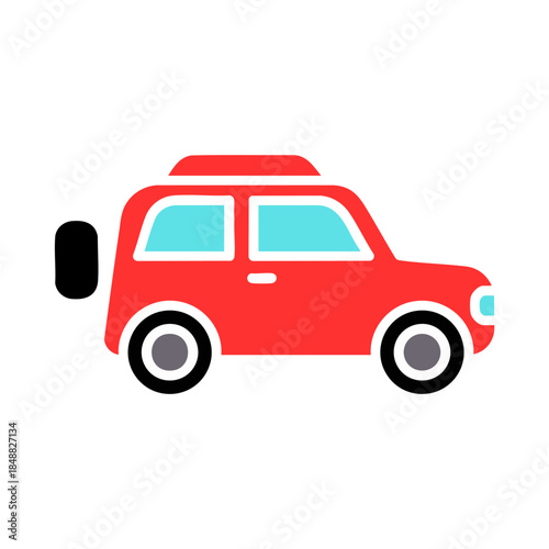 A simple red cartoon car with a spare tire on the back, driving on a white background.