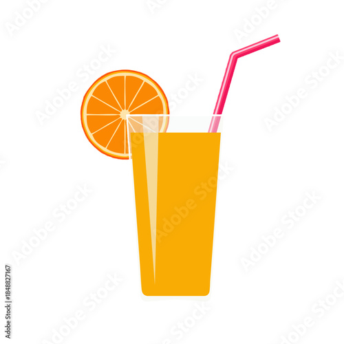A tall glass of orange juice with an orange slice and a pink straw on a white background.