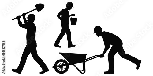 Construction workers silhouettes with shovel bucket and wheelbarrow vector illustration