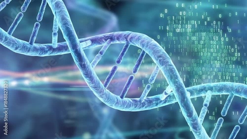 AI assisted brainstorm concept. Visual representation of DNA strands intertwined with digital code.
