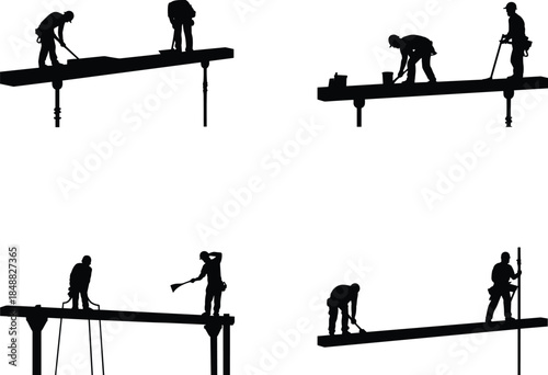 Construction Workers Silhouettes Working on Elevated Structures Keywords: construction, worker, builder, silhouette, man, male