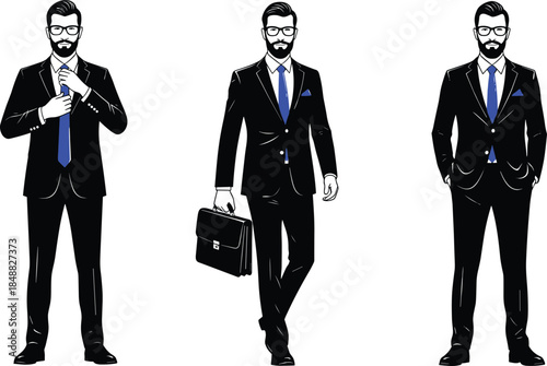 Business professionals in black suits with blue ties and glasses, corporate team concept, formal attire, walking, posing, adjusting tie.