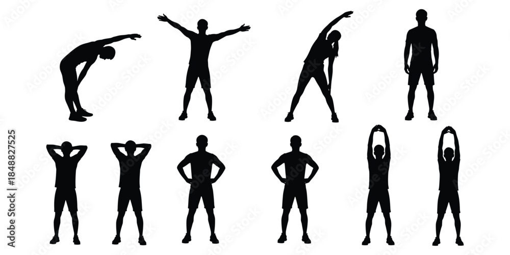 Fototapeta premium Male Silhouette Figures Performing Various Stretching Exercises on White Background Keywords: male, silhouette, man, person