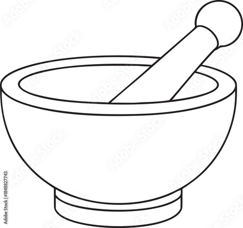 Mortar and pestle outline artwork depicting classic grinding tool used for spices herbs and medicinal mixtures