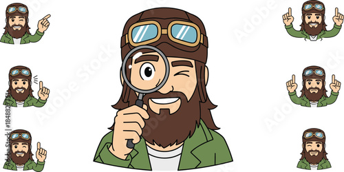 Cartoon bearded character with goggles in expressive poses, magnifying glass, gestures, emotions, ideal for stickers, emojis, educational content