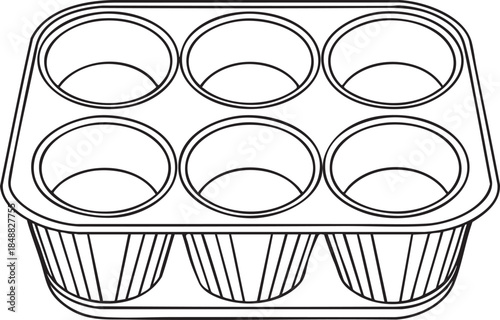 Six cup muffin pan outline illustration showing simple baking tray for kitchen cooking dessert and food themes