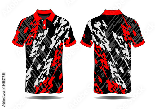 Stylish Black Red and White Polo Shirt with Unique Abstract Pattern Design for Fashion Enthusiasts