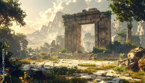 Stone archway ruins in a mountainous, grassy landscape under a bright, sunny sky