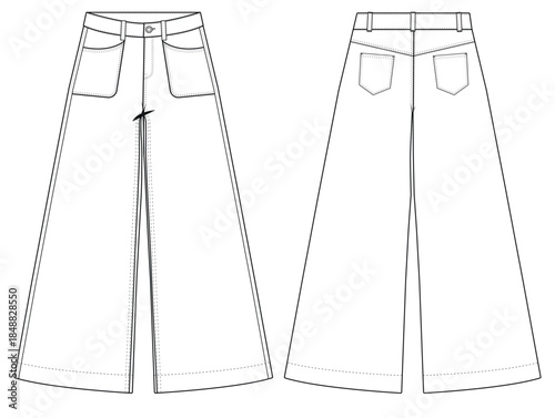 Women's Denim Baggy Jeans with Front and Back Pockets, Vector Illustration
