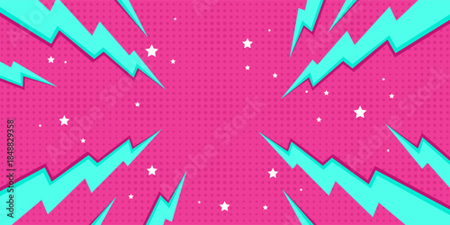 Pop art comic background with lightning bolts and stars on vibrant pink halftone pattern. Colorful retro cartoon vector illustration for posters, banners, flyers, ads, headlines, pop culture. Eps10