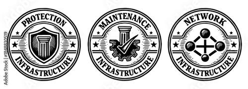 インフラ管理を象徴する円形バッジロゴのイラストセット、Circular badge logo illustration set for infrastructure management