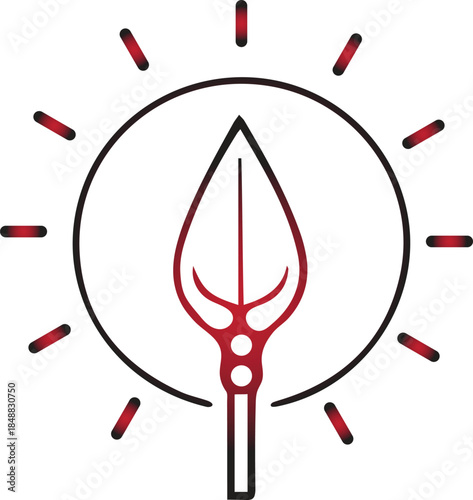 Stylized spearhead with sunburst rays in a circular emblem, representing power and illumination
