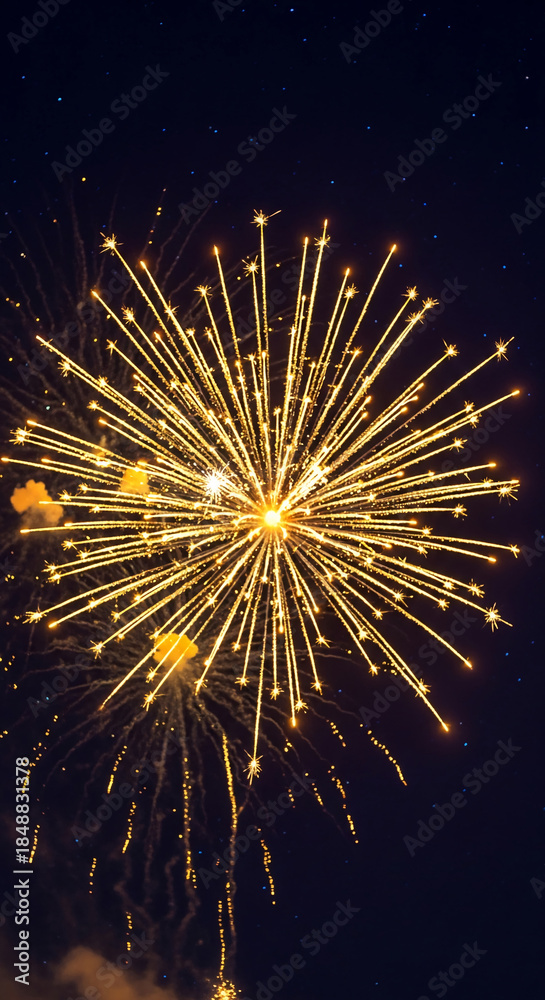 Obraz premium Explosion of yellow fireworks in the dark sky. It represents celebration, joy, festive mood and marks a special occasion in a dynamic style
