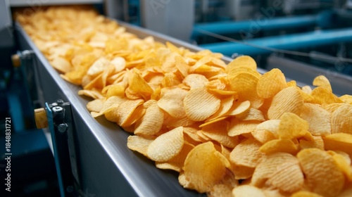 Sliced potatoes are transformed into crispy snacks on a conveyor belt, showcasing a vibrant array of golden chips ready for packaging in a lively factory setting