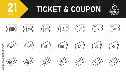 Ticket line icon set. Set of 21 outline icons related to ticket, coupon, discount, event, voucher, concert, movie and others. Editable stroke. Vector illustration.