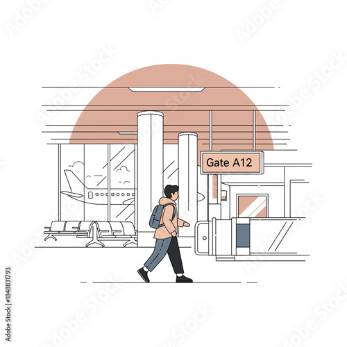 Man walking towards Gate A12 in modern airport terminal  