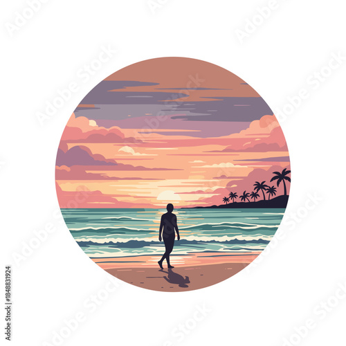 Person walking on beach during sunset with palm trees in background  