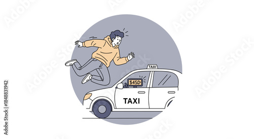 Man jumping into taxi cab while hailing a ride on city street  