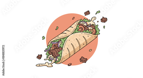 Delicious taco filled with meat and vegetables in colorful illustration  