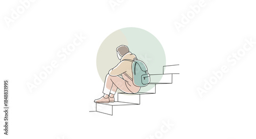 Young person sitting on stairs with backpack and reflecting peacefully  