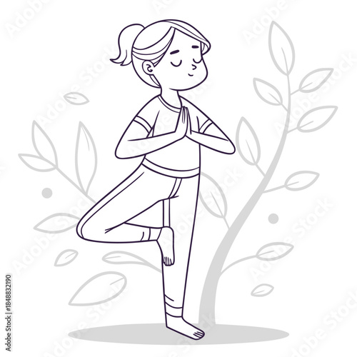 A peaceful outline vector illustration of a cheerful cartoon girl performing the Vrikshasana yoga tree pose, surrounded by stylized leaves, depicting balance, wellness, and mindfulness.