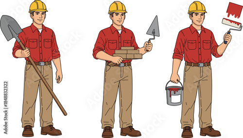 Construction workers with tools in uniform, performing painting, masonry, and digging tasks, wearing safety helmets and protective workwear on site.