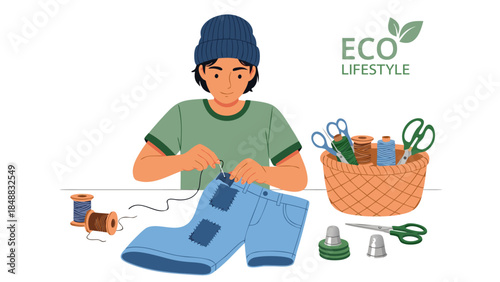 Person mending jeans with patches, promoting sustainable fashion and eco-friendly living practices