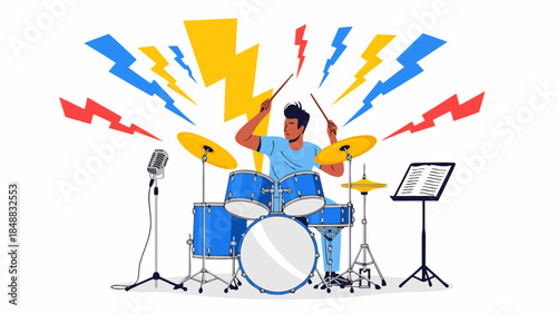Energetic Musician Performing a Dynamic Drum Solo with Lightning Bolts Symbolizing the Power of Music