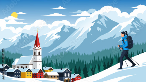 Winter Mountain Village Scene with a Hiker and Snow-Covered Peaks