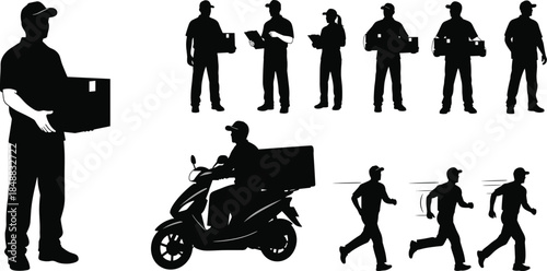 Delivery service silhouettes of courier workers, scooter rider, package handling, running motion, logistics team, express shipping, black vector icons