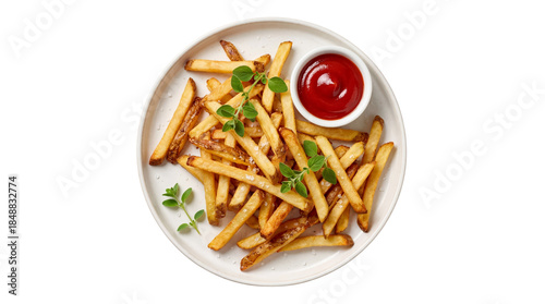 Golden French Fries with Ketchup and Fresh Herbs on White Plate Isolated