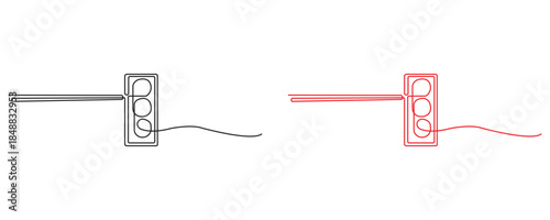 a set of two minimalist single line art traffic signal icons in black and red with one line drawing a curved shape, isolated on transparent background, representing traffic control and road safety